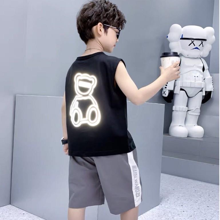 Bộ bé trai Con Xinh cotton sát nách phản quang bạc gấu Wangzi set quần áo trẻ em từ 5 đến 14 tuổi