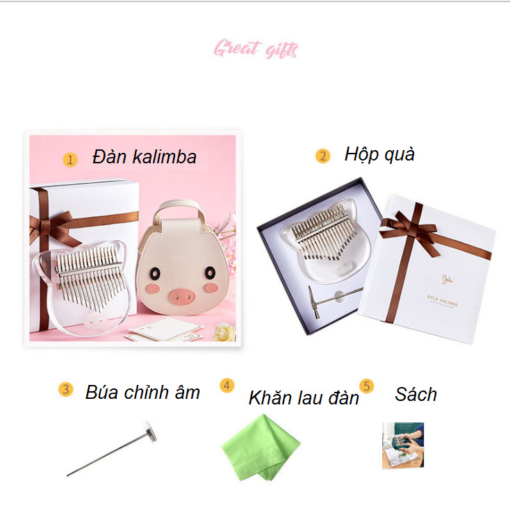 Hộp quà đàn kalimba 17 phím Pha lê trong suốt Pig &amp; Cat Little IM11378- Đầy đủ phụ kiện, Âm vang ấm