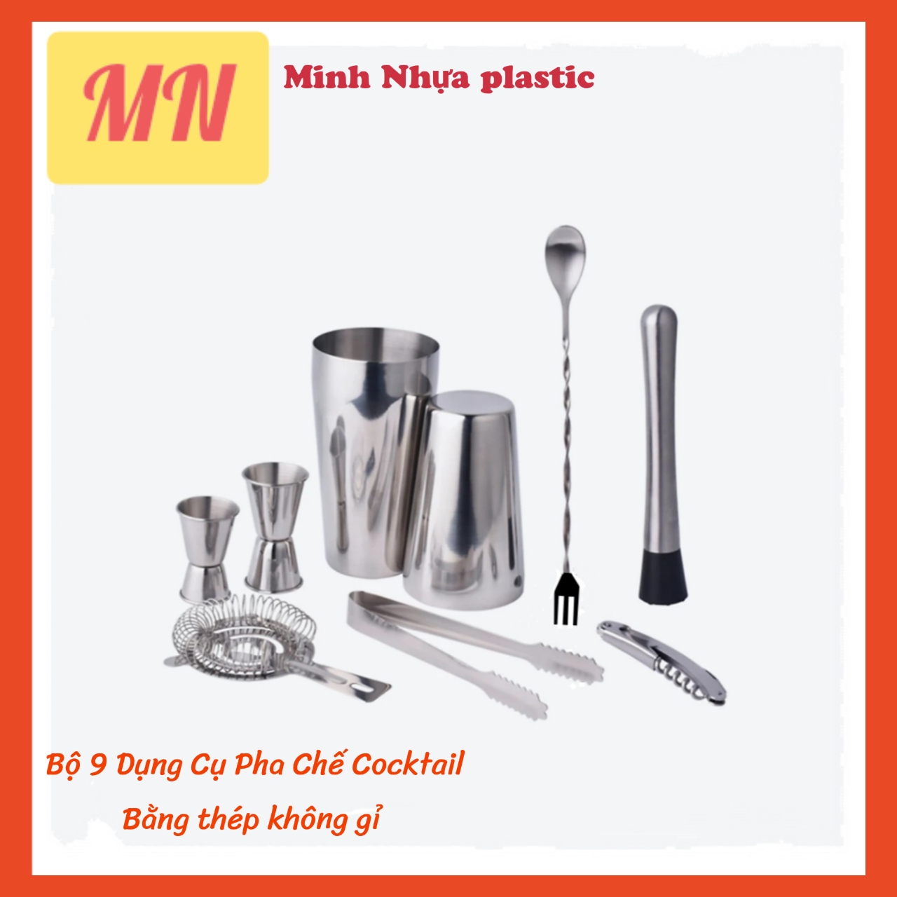 bộ sét 9 dụng cụ pha chế cocktail bằng thép không gỉ`cao cấp