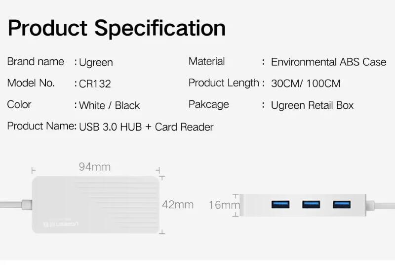 Ugreen UG30411CR132TK 1M màu Trắng Bộ chia HUB USB 3.0 sang 3 USB 3.0 + đọc thẻ SD TF hỗ trợ nguồn MICRO USB - HÀNG CHÍNH HÃNG