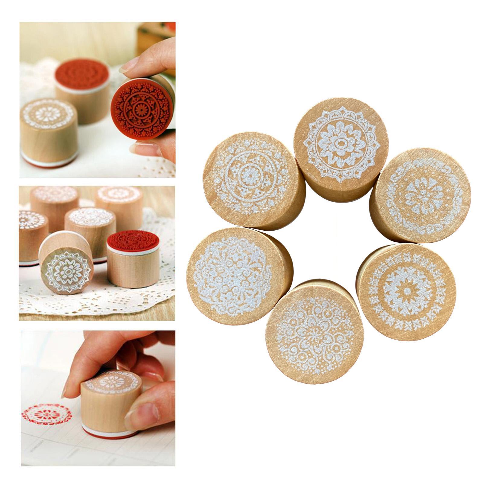 6Pcs Wooden Stamp Decorative Stamp English Rubber Stamp Set Circular Wooden Rubber Stamp Durable for Card Making Wooden Retro Pattern Stamp
