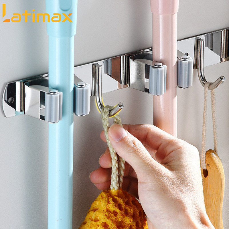 Thanh Treo Đồ Dán Tường Đa Năng Loại 4 Móc kèm 3 Kẹp Chổi Lau Nhà Chất liệu Inox 304 Cao Cấp - Tặng keo dán tường Chuyên dụng