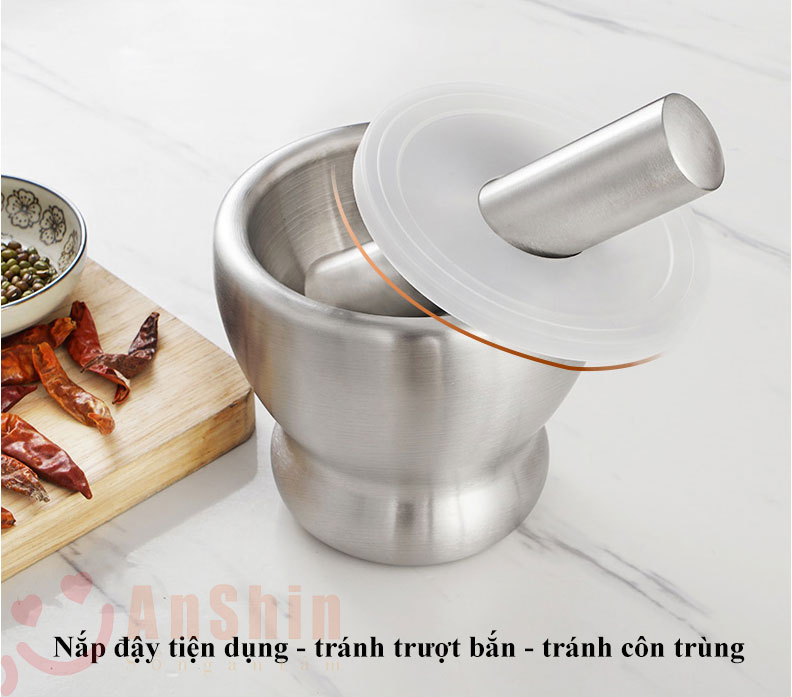 Cối chày Inox 304 Anshin - dáng ly đường kính 13, 15cm