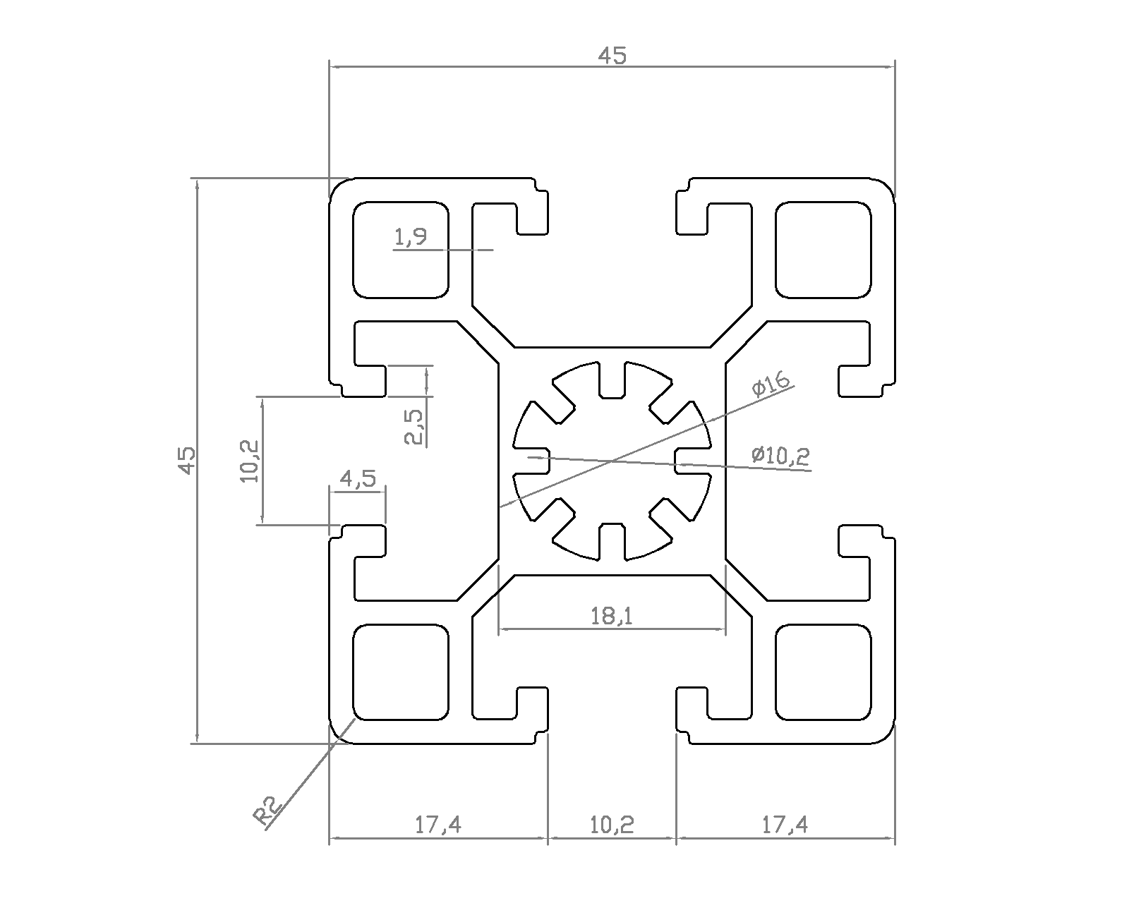 Nhôm định hình 45x45 (LWA-44141011000) - Miễn phí cắt theo kích thước yêu cầu (Giá đã bao gồm VAT)