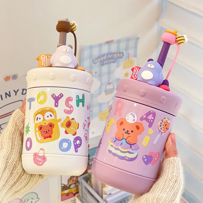 370Ml Gấu Giữ Nhiệt Bình Nước Có Ống Hút Dán Thép Không Gỉ Cách Nhiệt Nóng Cốc Uống Nước Quà Tặng Sinh Nhật Cho Trẻ Em con Trưởng Thành