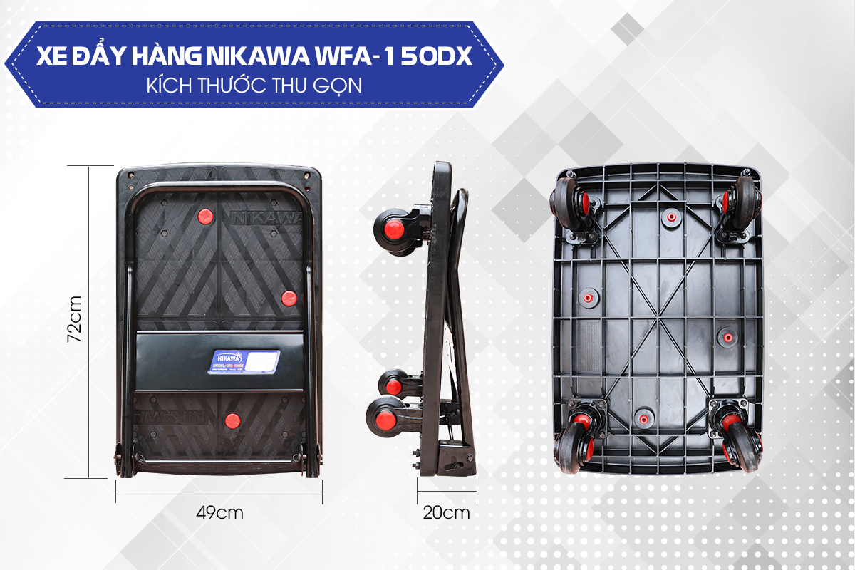 Xe Đẩy Hàng 4 Bánh Sàn Nhựa Không Võng Gấp Gọn Nikawa WFA-150DX Chống Ồn, tải trọng 150kg