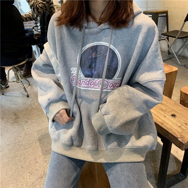 Áo hoodie mỏng dáng rộng dài tay in chữ