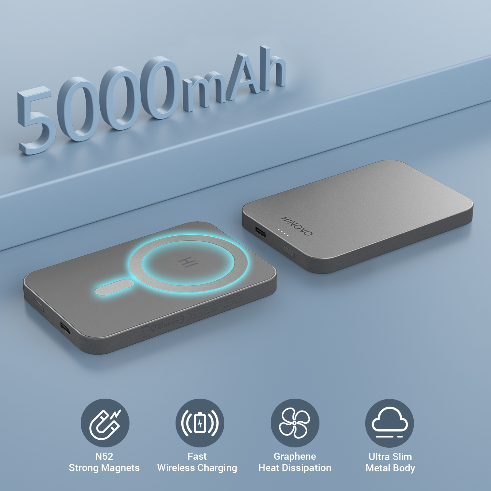 Pin sạc dự phòng không dây Hinovo MB1-10000 Magnetic Wireless 10.000mAh (Sạc nhanh, Sạc từ tính, Siêu mỏng) - Hàng Chính Hãng