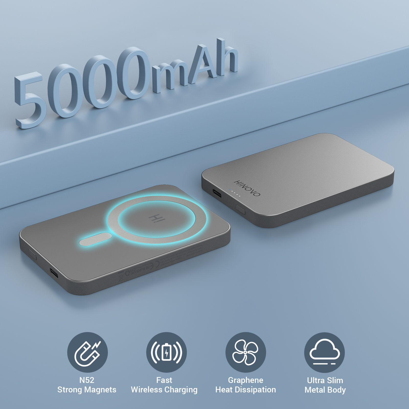 Pin sạc dự phòng không dây Hinovo MB1-10000 Magnetic Wireless 10.000mAh - Hàng Chính Hãng