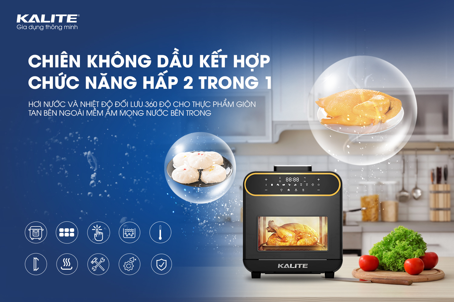 Nồi chiên hơi nước Kalite STEAM PRO, kết hợp chiên không dầu và hấp, bảng điều khiển cảm ứng, công suất 1800W, dung tích 15L, hàng chính hãng