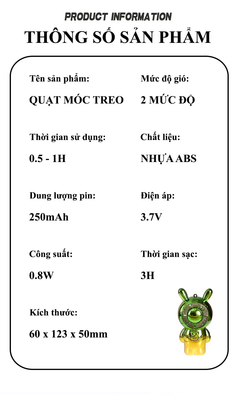 Quạt mini cầm tay kèm theo móc treo tiện lợi với thiết kế dễ thương nhỏ gọn có 2 mức độ gió siêu mát