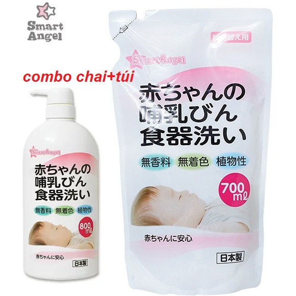 Combo Nước rửa bình sữa, núm ti, chén bát, hoa quả, đồ chơi,... cho bé Smart Angel Nhật Bản chai 800ml và túi 700 ml