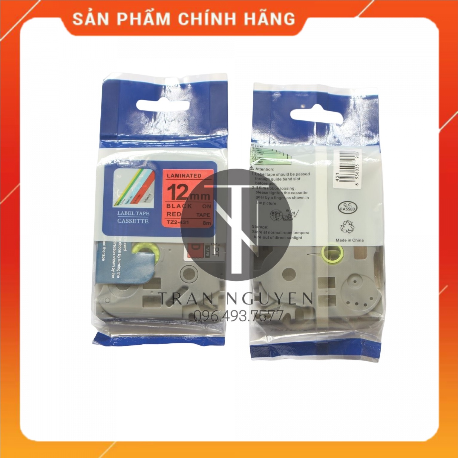 Nhãn In đa lớp Tz2-431 - Đen nền đỏ 12mm x 8m - Hàng nhập khẩu