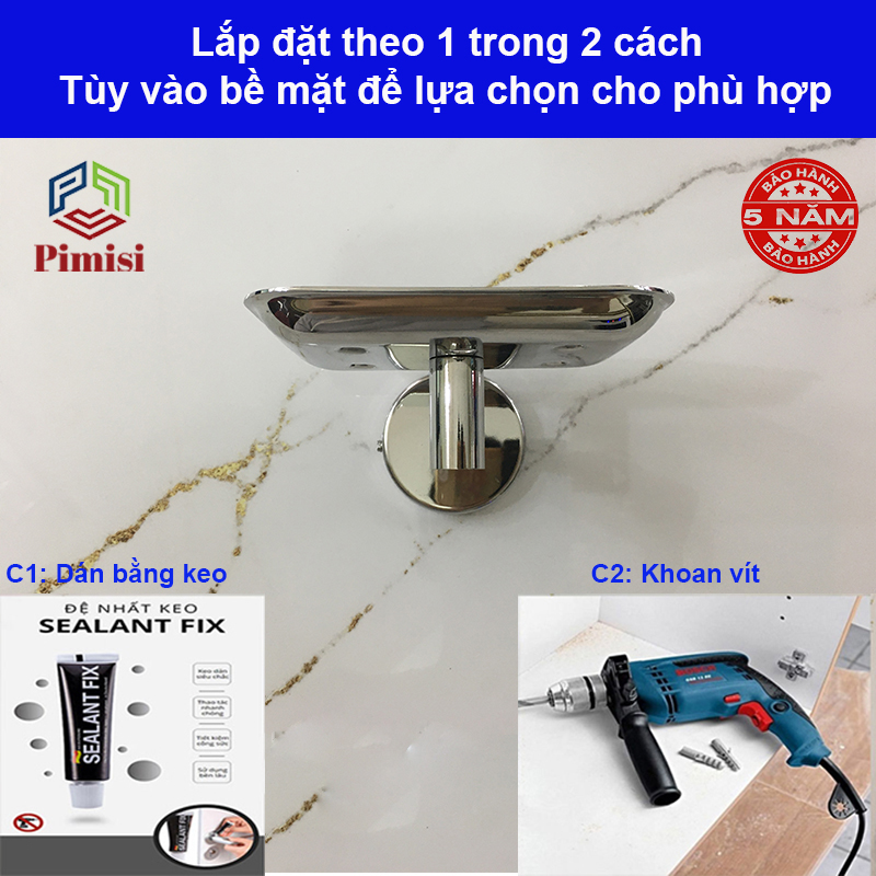 Khay đựng xà phòng cục dán tường Pimisi inox 304 dùng làm kệ xà bông trong nhà tắm gắn tường bằng keo không cần khoan | Hàng chính hãng