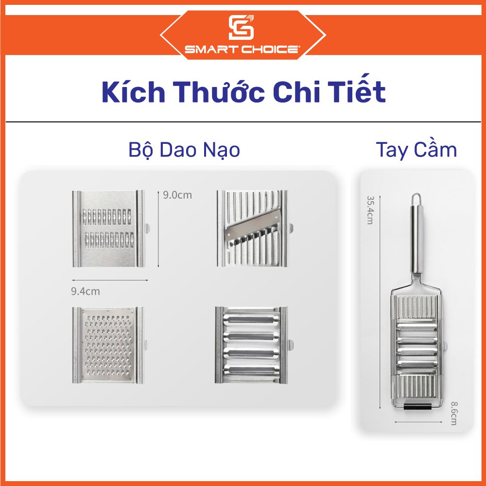 Dụng Cụ Bào Nạo Rau Củ Quả 4 Lưỡi Đa Năng Inox 304 Cao Cấp SMARTCHOICE ( Hàng Loại 1 ), Bộ Nạo Thái Lát Củ Quả Không Gỉ, Tiện Lợi, Siêu Chắc Chắn, Bền Đẹp