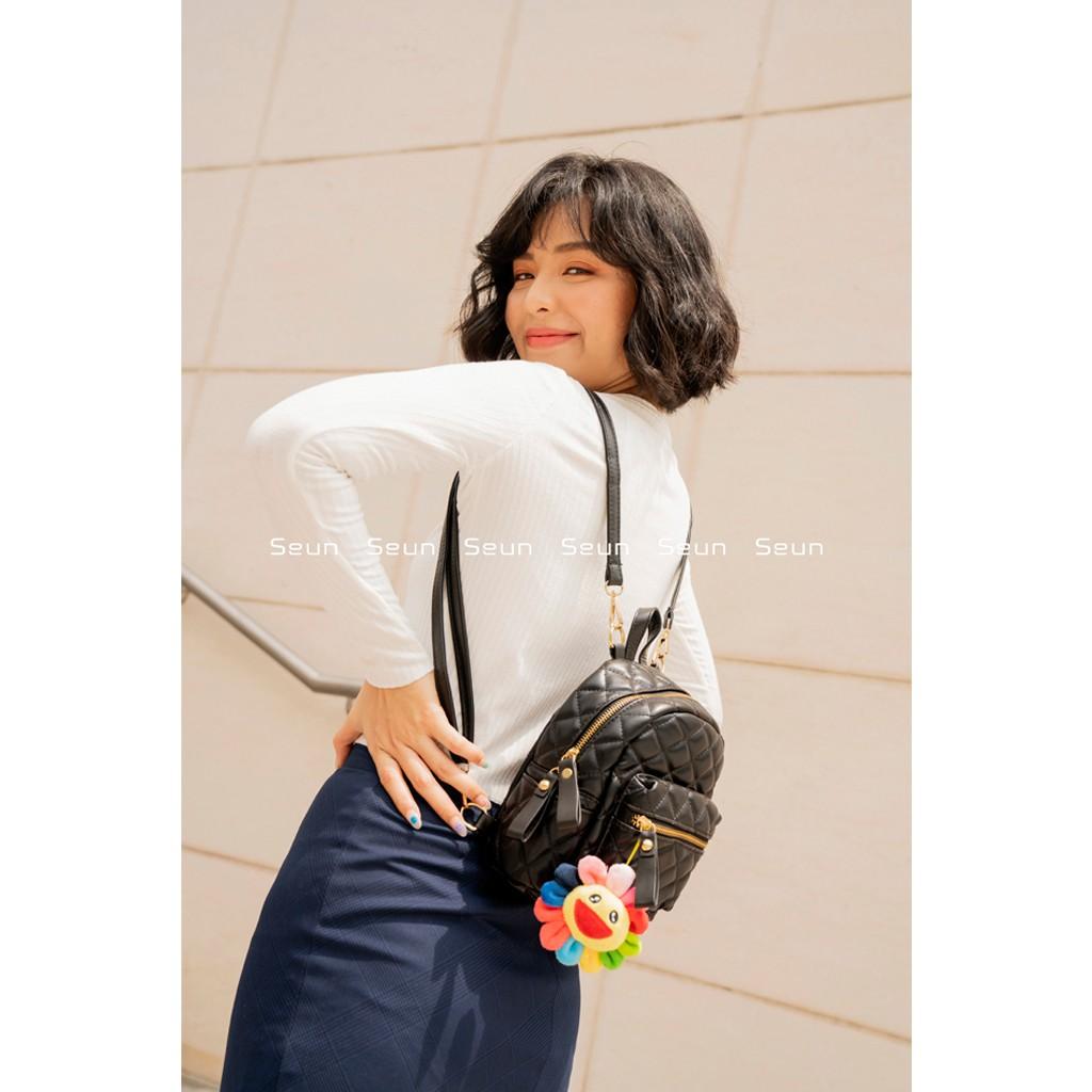 Balo Nữ Mini Hàn Quốc Chần Bông Da Mềm Nhỏ Gọn Balo Đeo Chéo Cute Bellybag