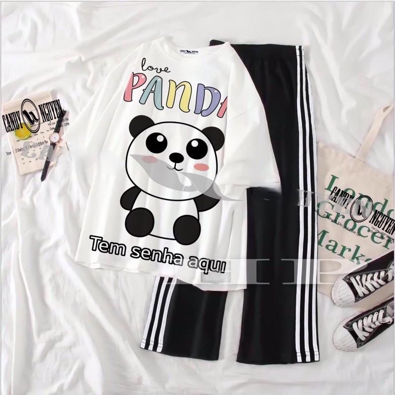Sét áo gấu Panda chữ màu + quần ống rộng 3 sọc TH6