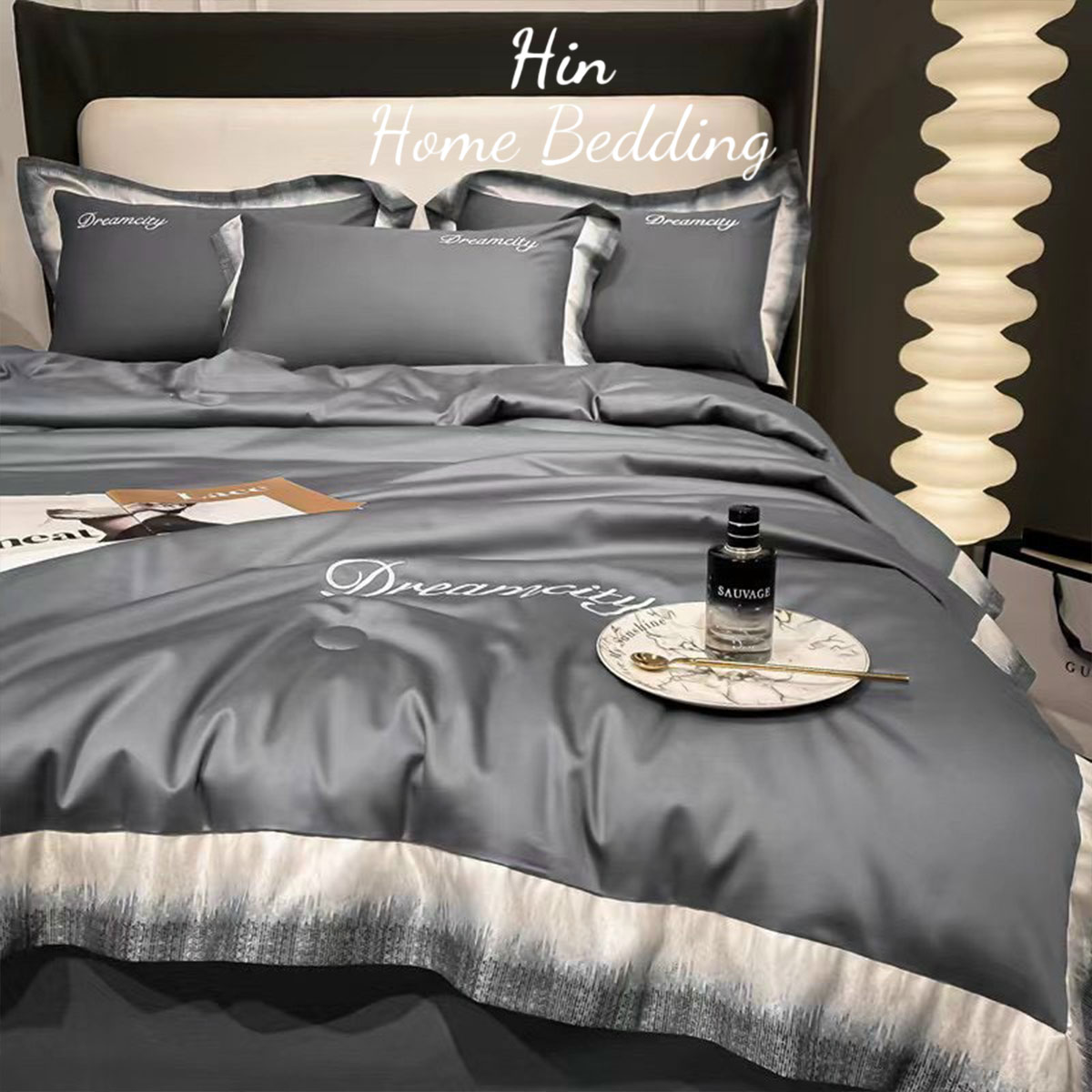 Bộ Chăn Ga Gối Đệm 5 Món Chăn Bông Hin Home Bedding Drap Giường Lụa Mẫu Xám Lông Chuột