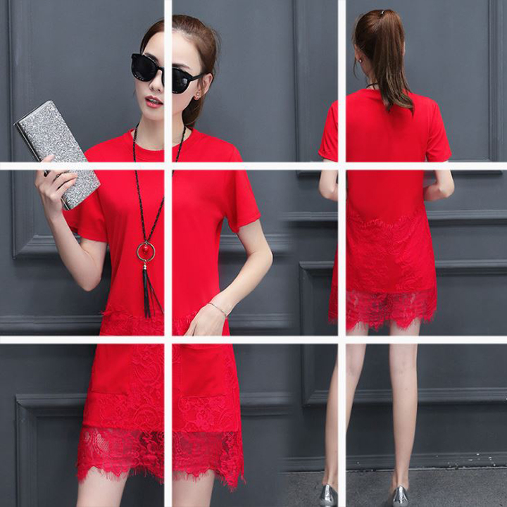 Váy Nữ Xuông Phối Ren Dáng Chữ A, 100% Cotton Phối Ren, 4 Màu Lựa Chọn, Thời Trang Công Sở Dạo Phố