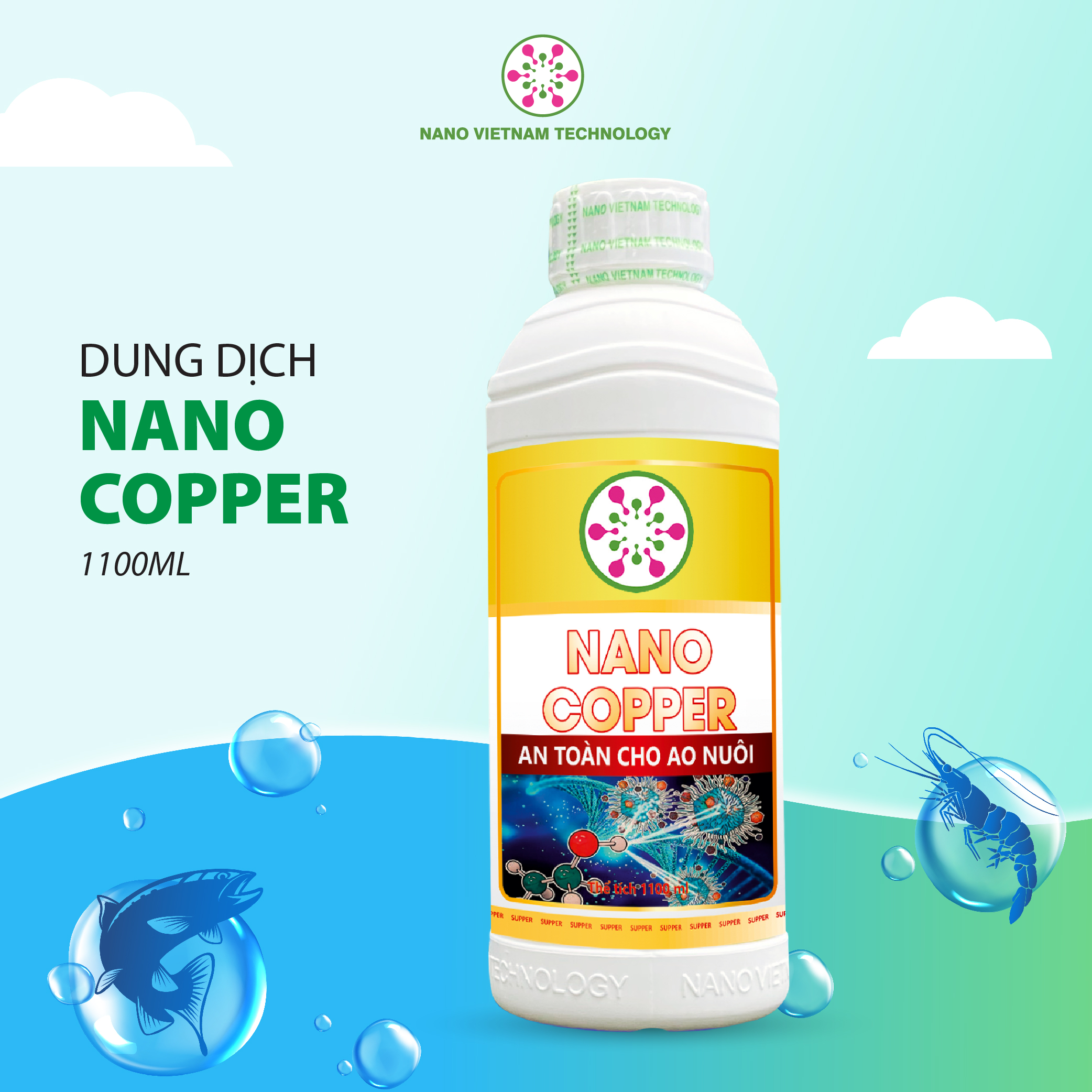 Nano copper 100% nguyên chất nano đồng Nano Vietnam Tech cho tôm, cá và động vật thủy sinh 1100ML