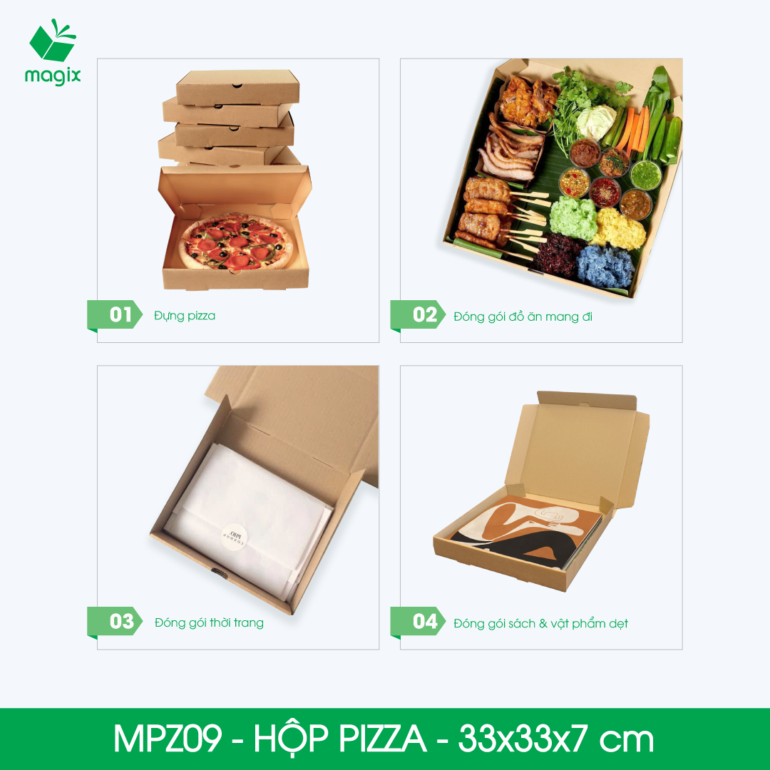 MPZ09 - 33x33x7 cm - Combo 60 hộp nắp gài pizza đa dụng - Hộp nắp gập, hộp carton gói hàng, hộp quà