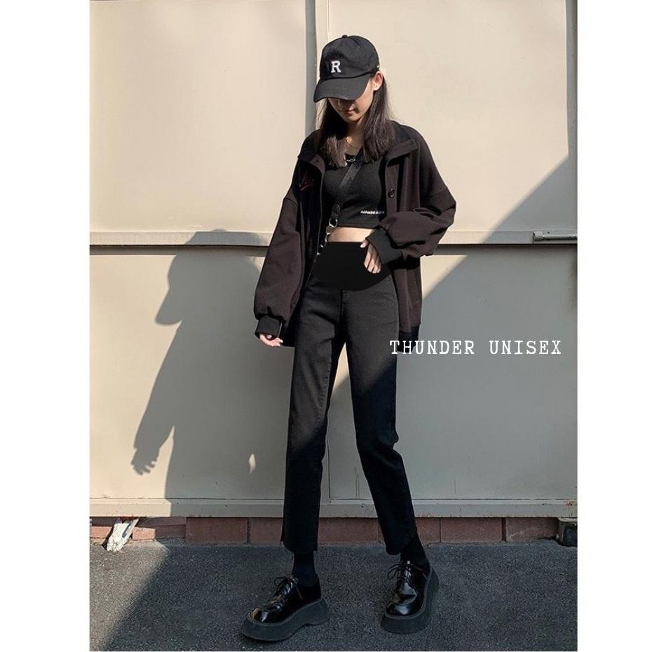 Quần Jean Nữ Ống Đứng Lưng Cao Gấu Rách Quần Bò Suông Co Giãn Màu Đen ThunderUnisex Phong Cách Hàn Quốc Ulzzang
