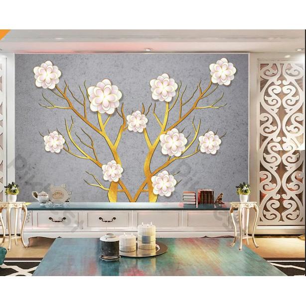 Tranh dán tường Hoa mai tứ quí may mắn, tranh 3d dán tường hiện đại  MS684038