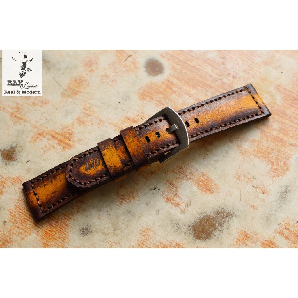 Dây đồng hồ RAM Leather da bò thảo mộc vegtan Ý bền chắc - Ram classic 1970 socola nền vàng