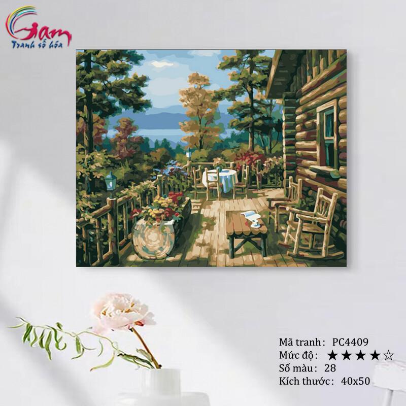 Tranh số hoá tự tô theo số thiên nhiên nhà gỗ trong rừng  PC4409