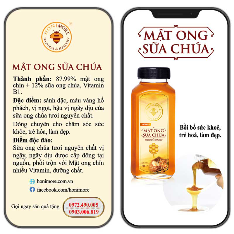 Combo Mật ong rừng sữa ong chúa Honimore 500g và mật ong rừng nguyên chất Honimore 360g - Giúp đẹp da, tăng cường sức đề kháng