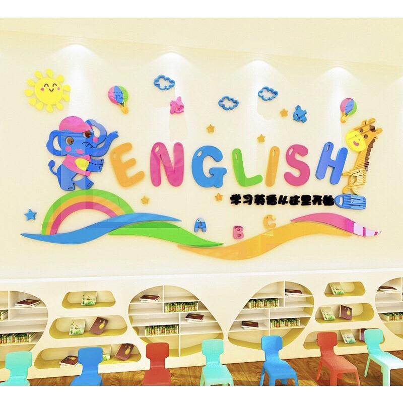 Tranh dán tường mica 3D trang trí lớp học Tiếng Anh, chữ English dán nổi cực kì bắt mắt