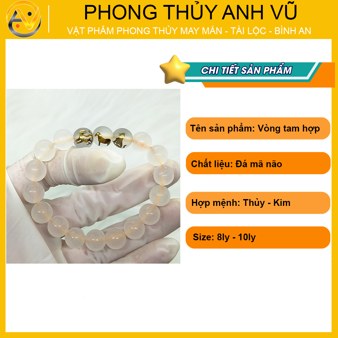 Vòng tay phong thủy đá mã não trắng tự nhiên - tam hợp dần ngọ tuất - size 8 10ly cho nữ mệnh thủy, mệnh kim - có khai quang điểm nhãn may mắn tài lộc - PHONG THỦY ANH VŨ