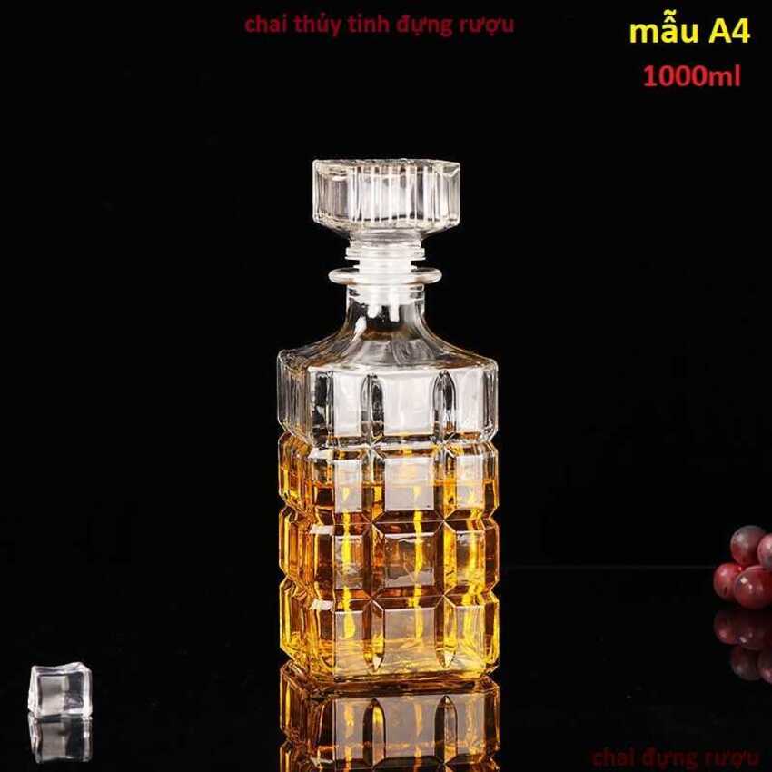 Chai Thủy Tinh đựng Rượu Vuông Hoa Văn Caro 1000ML - bình thủy tinh cao cấp 1 lít, chai 1000ml trong suốt