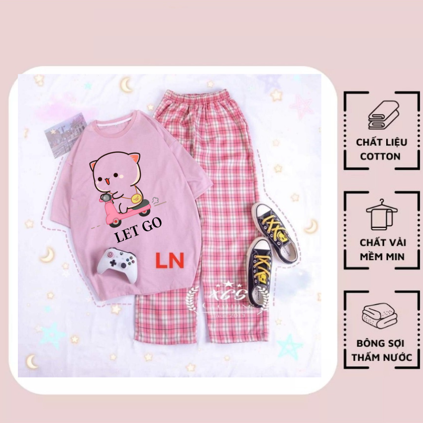 Sét Bộ Nữ SS12, Sét Đồ Nữ Đi Chơi Đẹp In Hình Mèo Đi Xe Dễ Thương, Sét Áo Vải Cotton, Và Quần Kẻ Màu Cá Tính