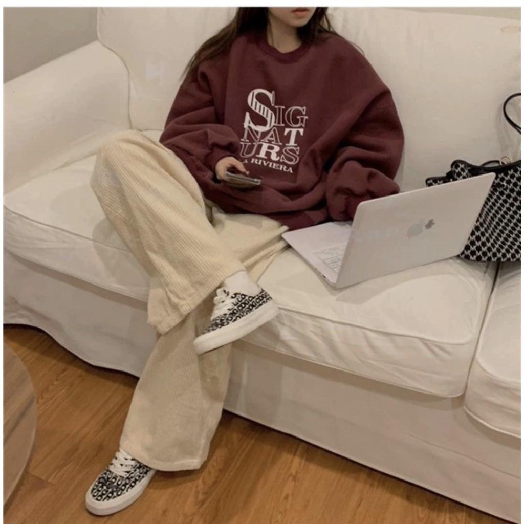 Set Nỉ STR Nữ Bộ thu đông, áo sweater tay bồng phối quần dài nhung tăm form rộng trẻ trung cá tính Ulzzang