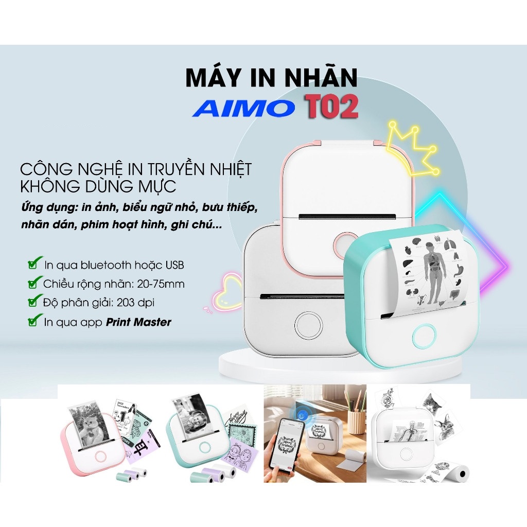 Máy In Nhiệt Aimo T02 Kết Nối In Trực Tiếp Từ Điện Thoại Qua Kết Nối Bluetooth - Hàng chính hãng