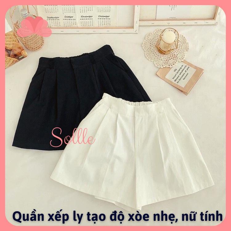 Quần đùi short nữ cạp cao lưng chun xếp ly chất đũi Hàn Quốc đẹp Sollle