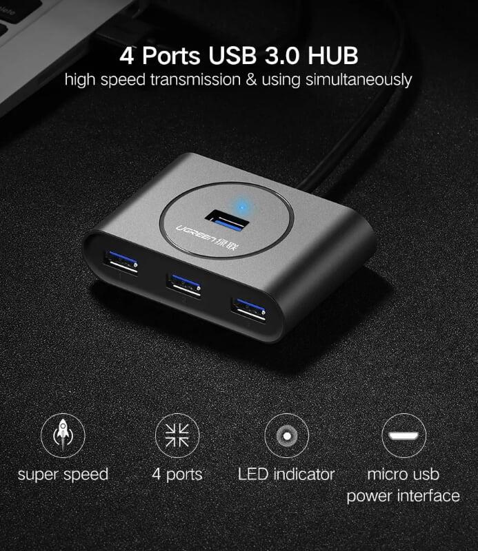 Ugreen UG20290CR113TK 50CM màu Đen Bộ chia HUB USB 3.0 sang 4 USB 3.0 hỗ trợ nguồn 5V - HÀNG CHÍNH HÃNG