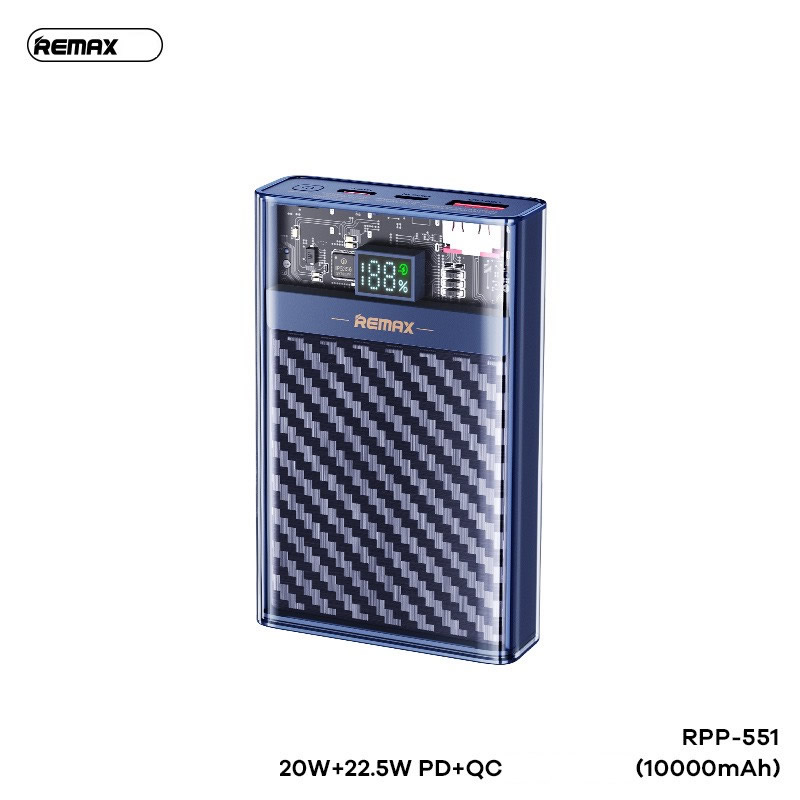 Pin Sạc Dự Phòng Sạc Nhanh 22.5W Remax RPP-551 sơn Carbon - 10.000mAh QC 22.5W + PD 20W Hàng Chính Hãng