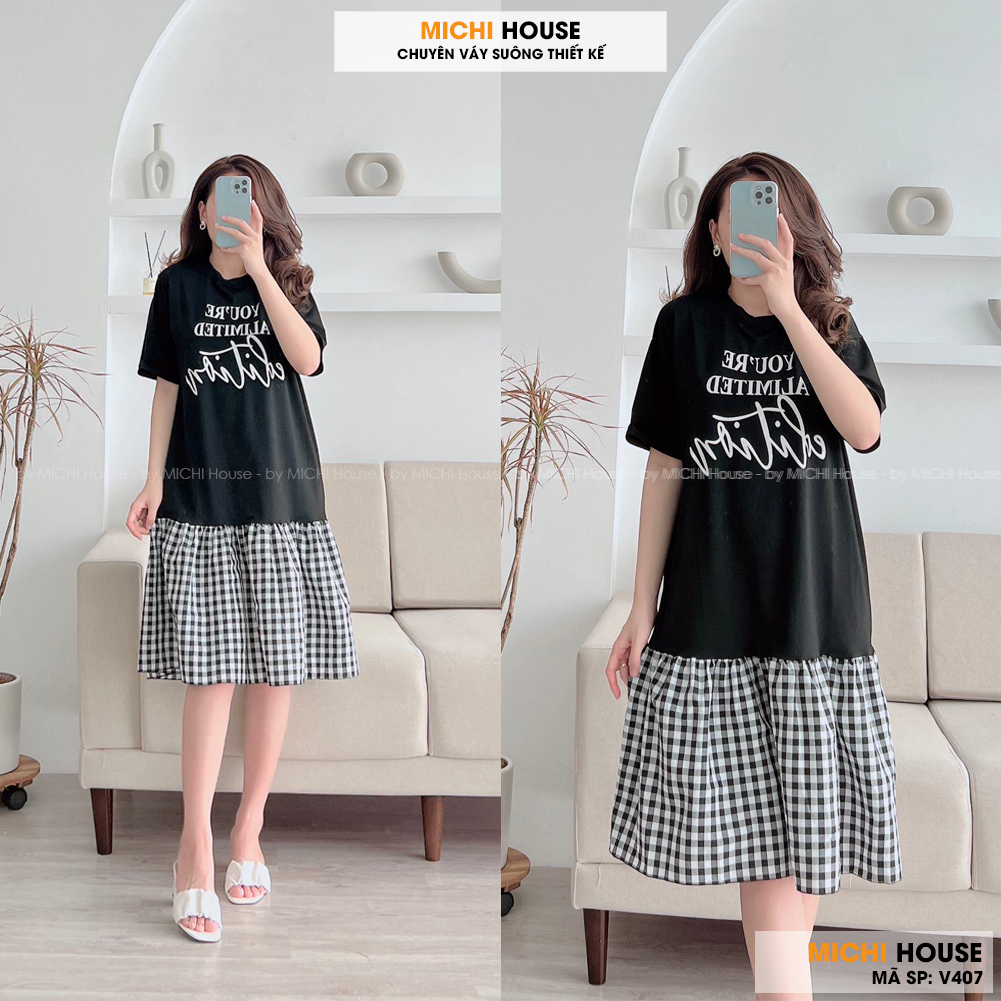 Đầm Thun Phối Kẻ Đuôi Cá Form Rộng MICHI House - V407 Váy Xuông Cổ tròn Tay Ngắn Freesize Mặc Bầu Xinh