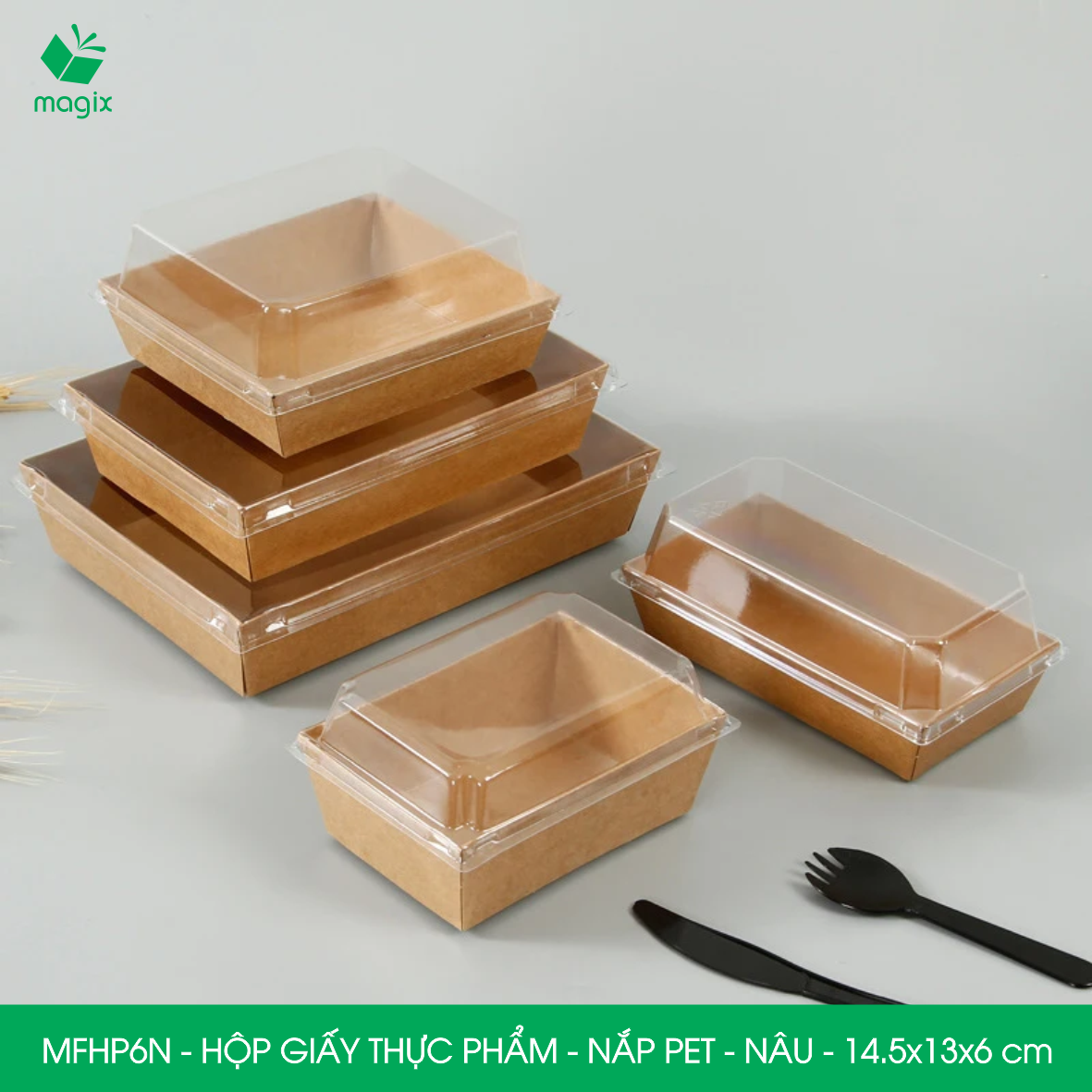 MFHP6N - 14.5x13x6 cm - 50 hộp giấy nắp PET kraft nâu đựng thực phẩm, thức ăn mang đi