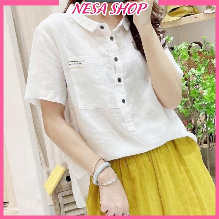 Áo sơ mi nữ tay ngắn NeSa Shop, áo kiểu nữ, chất liệu Đũi tơ mềm mát, áo sơ mi kiểu form trẻ trung AKS.49