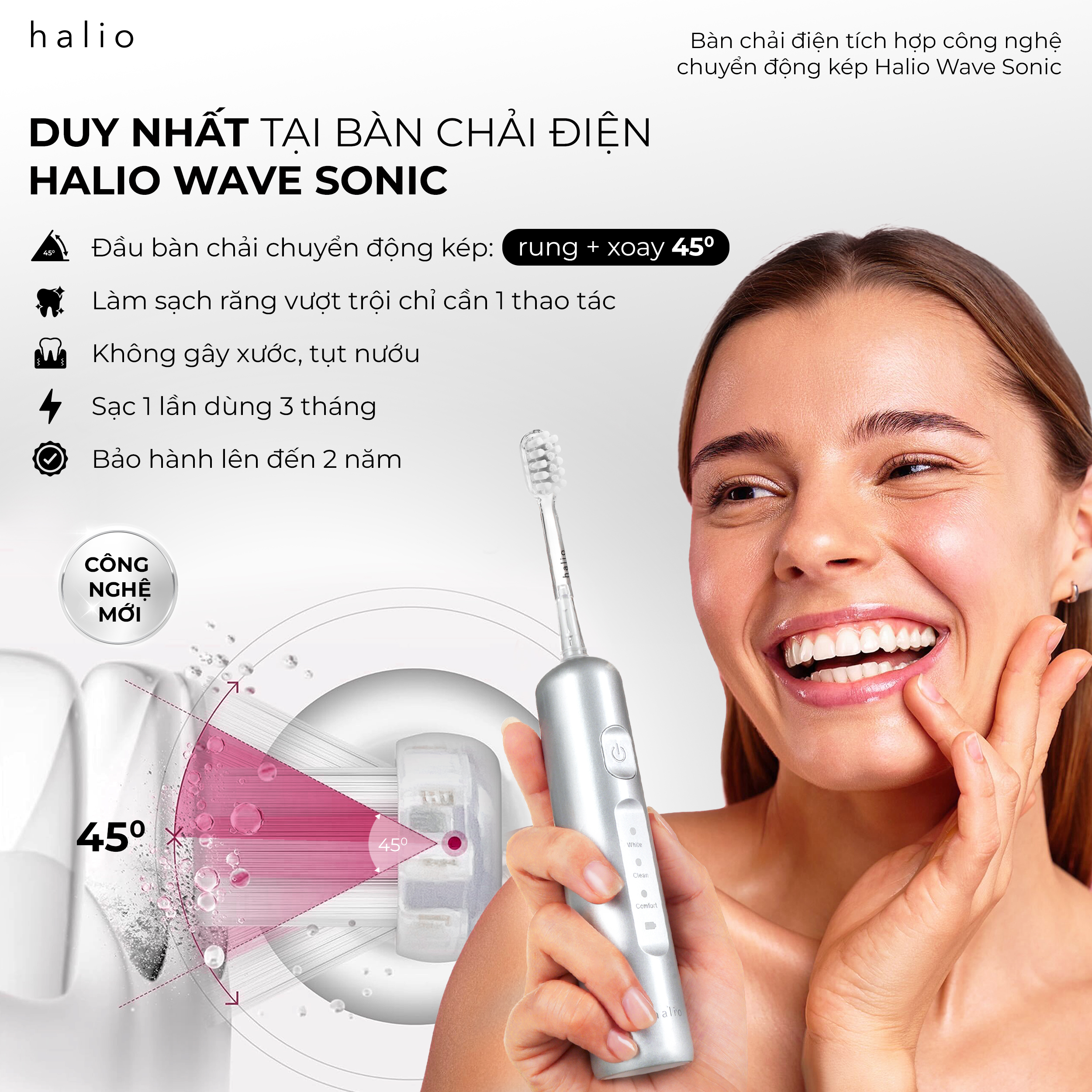 Bàn Chải Điện Tích Hợp Công Nghệ Chuyển Động Kép Halio Wave Sonic Electric Toothbrush