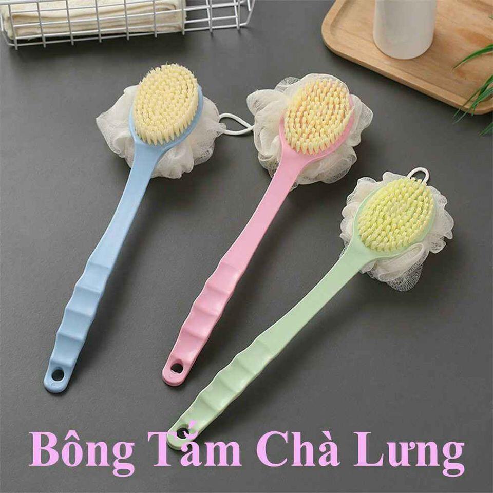 Cọ lưng kèm bông tắm tạo bọt 2 mặt, cây cọ lưng cán dài cầm tay 1mặt tẩy da chết 1 mặt tạo bọt