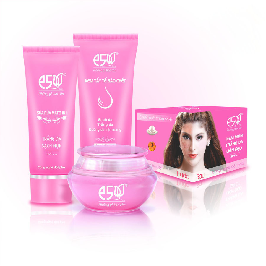 Combo Sữa Rửa Mặt + Tẩy Tế Bào Chết+ Kem Mụn Trắng Da Liền Sẹo