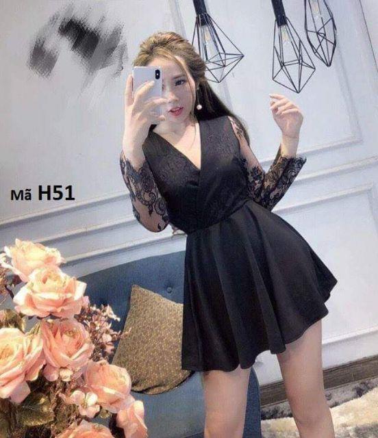 Đầm xòe tay dài phối ren mi