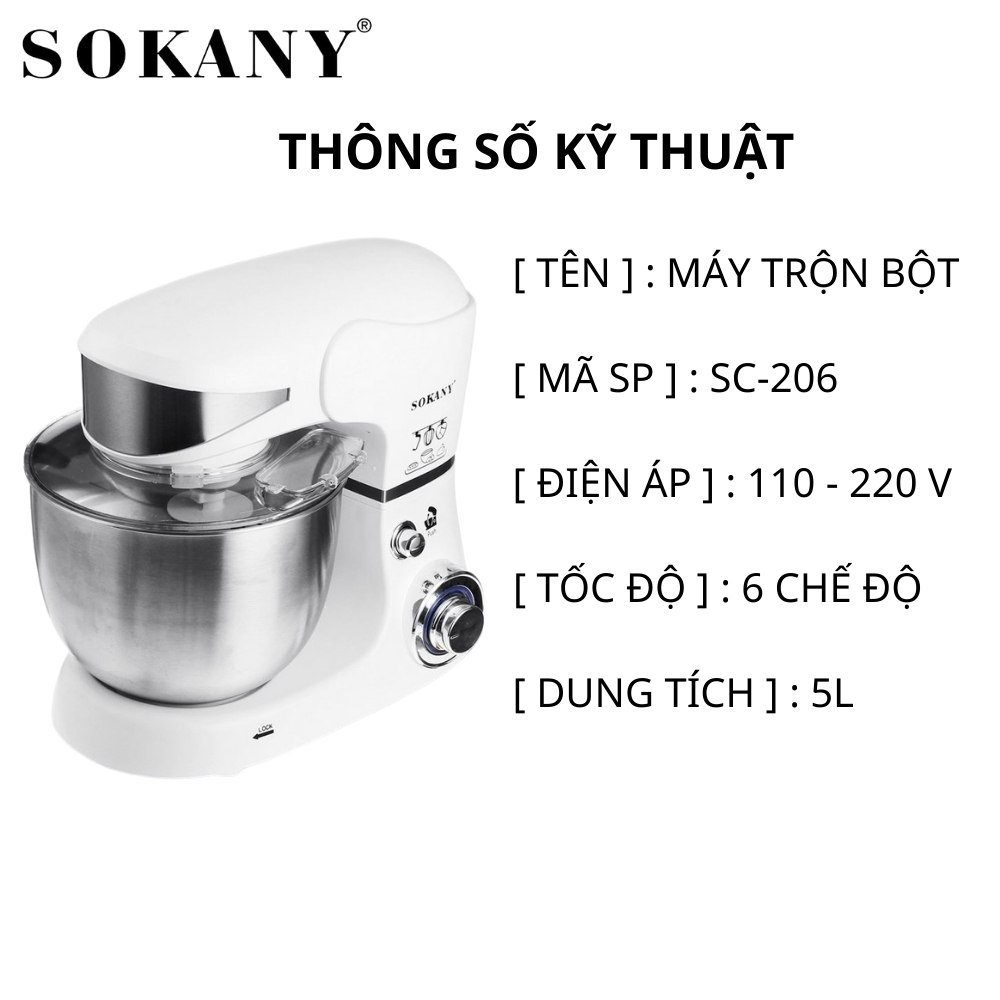 Máy nhào bột, trộn bột đánh trứng để bàn SOKANY SC-206, công suất cao 1000W, cối inox 5L trộn bột, nhào bột tự động - HÀNG CHÍNH HÃNG