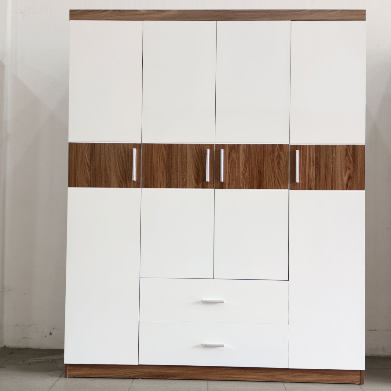 Tủ Áo 4 Cánh Gỗ MDF Melamine Màu Óc Chó Sơn Trắng Cao Cấp VIVA
