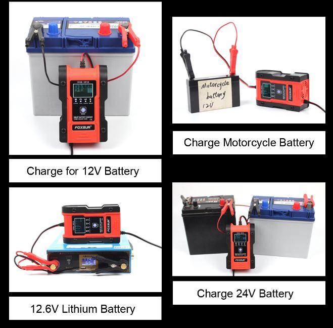 Sạc bình ắc quy 12V 24V 150AH FOXSUR sạc Pin lithium có chức năng khử sunfat MẪU MỚI 2021 sạc ắc quy ô tô xe máy