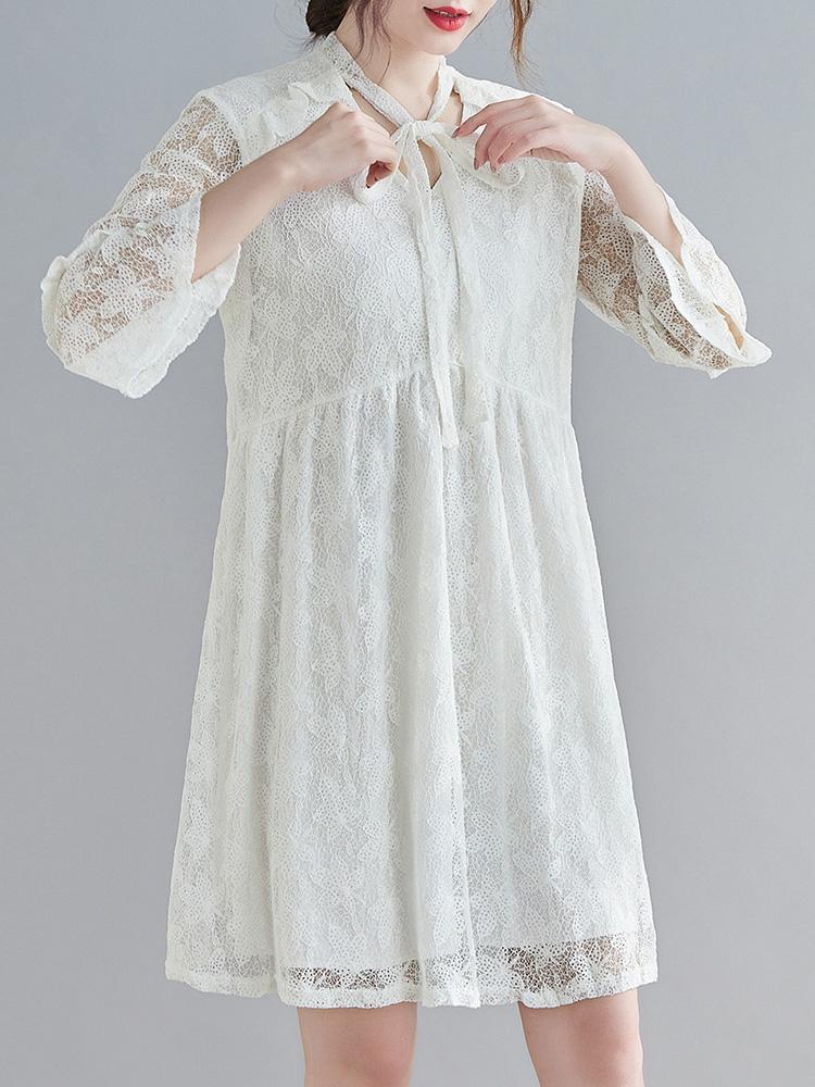 Women Floral Lace Dress 3/4 Flared Sleeves V Neck Ruffles A-line Plus Size Holiday Boho Casual Dress White